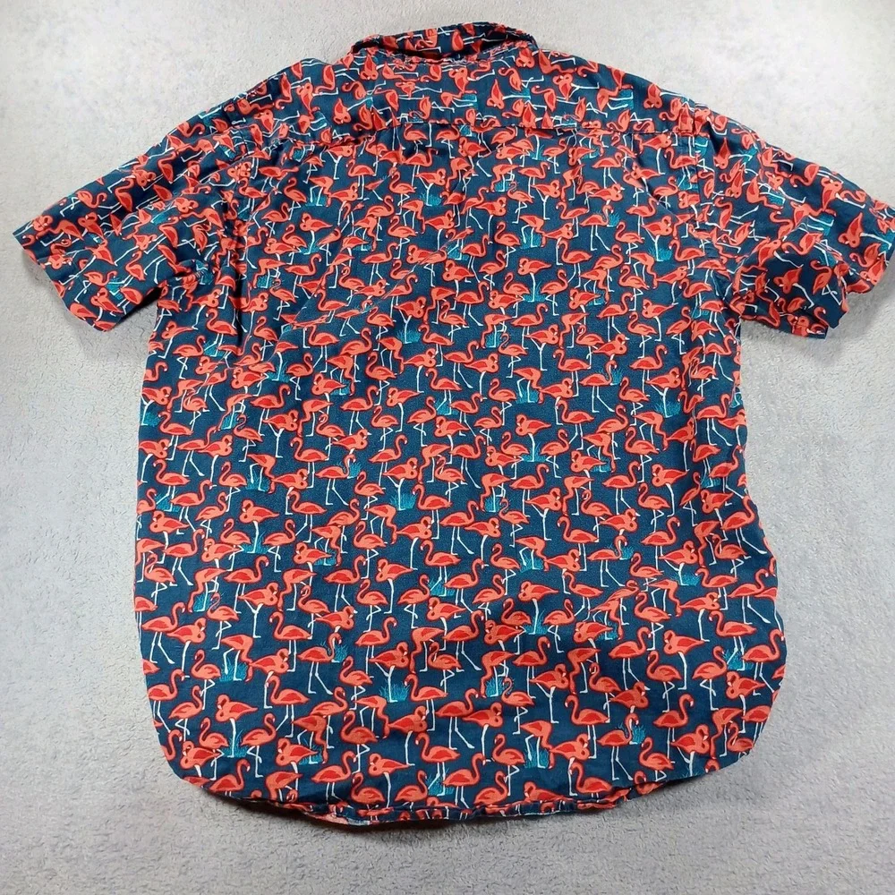 Banana Republic Mens Slim Fit Linen Flamingo Print Navy Blue Medium Short Sleeve